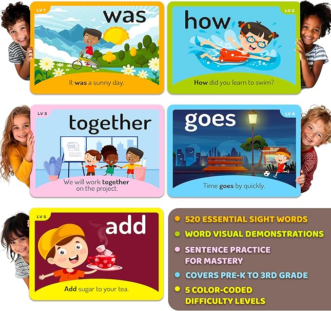 520 Sight Words Flash Cards Kindergarten with Sentences For Kids Ages 4-8 – Based on Dolch Sight Words Lists for Reading Fluency – Flashcards for Studying Pre-K to 3rd Grade - Speech Therapy Materials