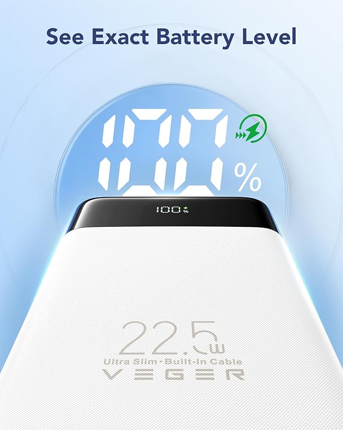 VEGER 22.5W Fast Charging Portable Charger, Slim 10000mAh Power Bank with Built-in Cables, Small USB C Battery Pack for iPhone iPad Samsung Galaxy Pixel LG Moto, Flight Safe, Travel Essential, White