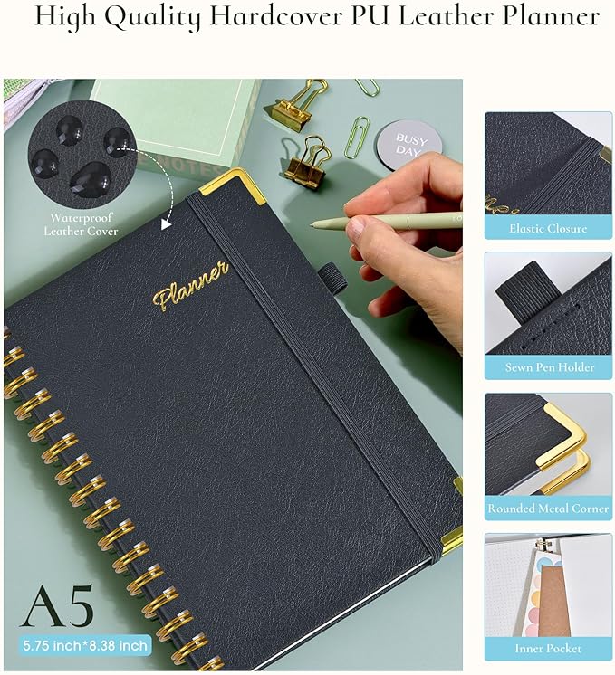 Undated Weekly Planner, Hardcover Leather Weekly & Monthly Calendar Blank Planner, To Do List Notebook with Goal & Habit Tracker Organizer, A5 Daily Planner with Spiral Binding, Ideal for Work School Home, Black
