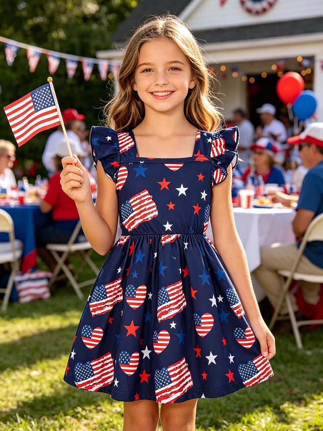 Popshion Girls Dresses Flutter Sleeve Swing Sundress Toddler Summer Clothes Kid Birthday Party Sleeveless Dress 1-8 Years Old