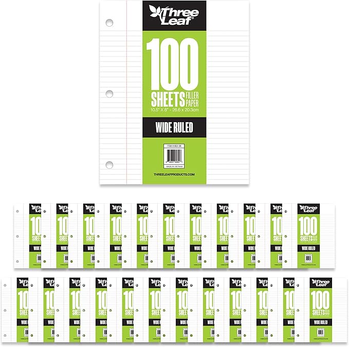 THREE LEAF 100 SHEETS WIDE RULED FILLER PAPER, PACK OF 24, LOOSE-LEAF SHEETS FOR SCHOOL AND OFFICE 100 CT. FILLER PAPER, NOTEBOOK PAPER