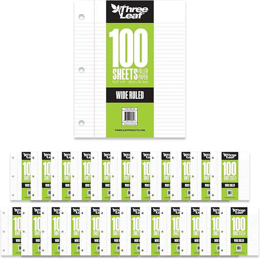 THREE LEAF 100 SHEETS WIDE RULED FILLER PAPER, PACK OF 24, LOOSE-LEAF SHEETS FOR SCHOOL AND OFFICE 100 CT. FILLER PAPER, NOTEBOOK PAPER