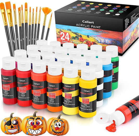 Caliart Acrylic Paint Set with 12 Brushes, 24 Colors Wood Craft Paints for Adults Kids Artists Beginners, Rich Pigments Non-toxic, Halloween Pumpkin Canvas Ceramic Rock Painting Kit Art Supplies