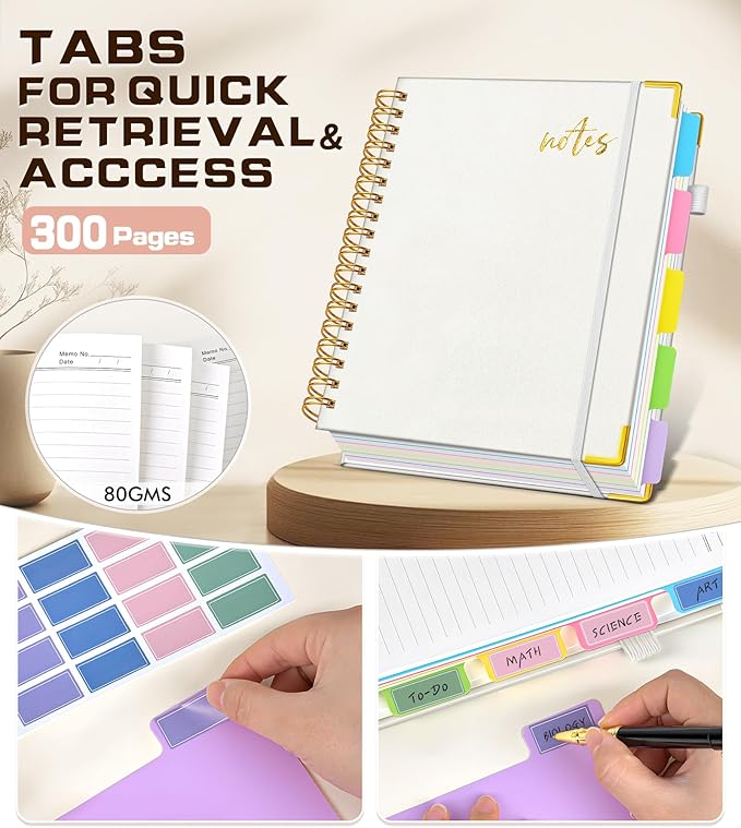 5 Subject Spiral Notebook Journal with Removable Dividers Tabs, 300 Pages Organizer Notebooks for Work School, A5 Hardcover Leather Notebook College Ruled, Lined Journal for Women Men，White