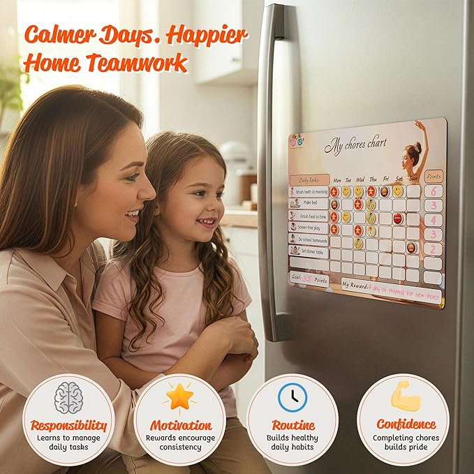 Mimi Doodle Magnetic Chore Chart for Kids – 16x12 Dry Erase Daily Responsibility Board for Fridge with 39 Chore tabs, 100 Reward Stickers – Behavior Chart for Kids at Home – Ballerina Theme