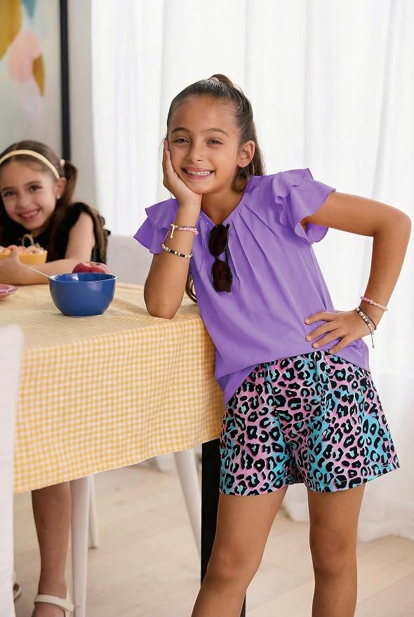 Arshiner Girls 2 Piece Outfits Summer Ruffle Sleeve Top and Paperbag Waist Shorts Set with Pockets Size 5-13 Years