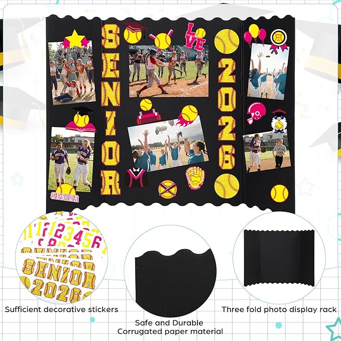 Resurhang 4 Set 24''x16'' Softball Senior Night Gifts Senior 2026 Trifold Poster Board Photo Display Board with 12 Sheet Sports Themed Stickers for Graduation Picture Frame Sport Theme Party Supplies
