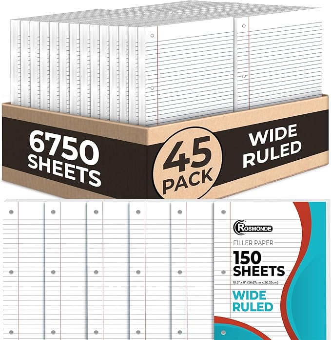 Rosmonde Bulk Loose Leaf Paper, 6750 Sheets, Wide Ruled Sheets, 45 Pack, Notebook Filler Paper, 8 x 10.5", 150 Sheets/Pack, 3 Hole Punched for Binders, Bulk Writing Paper for School, College & Office