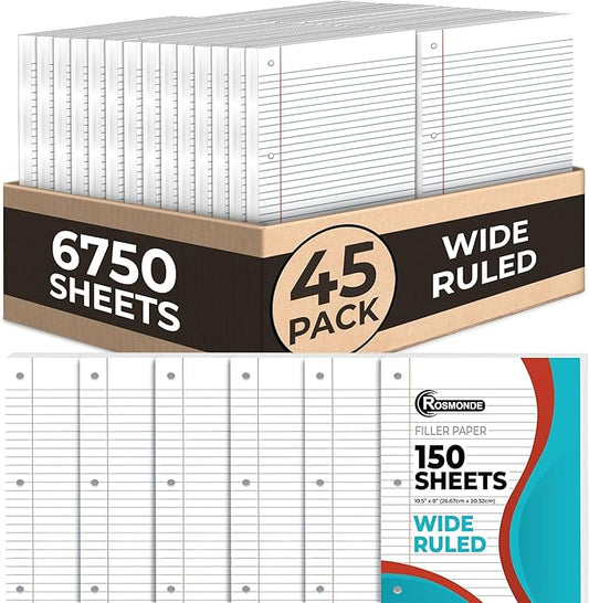 Rosmonde Bulk Loose Leaf Paper, 6750 Sheets, Wide Ruled Sheets, 45 Pack, Notebook Filler Paper, 8 x 10.5", 150 Sheets/Pack, 3 Hole Punched for Binders, Bulk Writing Paper for School, College & Office