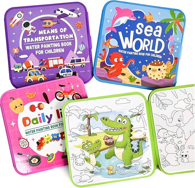 SEP SHIZHI 4 Pack Reusable Water Painting Books for Kids, 24 Painting Pages Magic Water Coloring Book, Water Doodle Book Toy, Mess Free Paint Coloring for Toddlers Ages 3+, Fun Travel Activity Toys