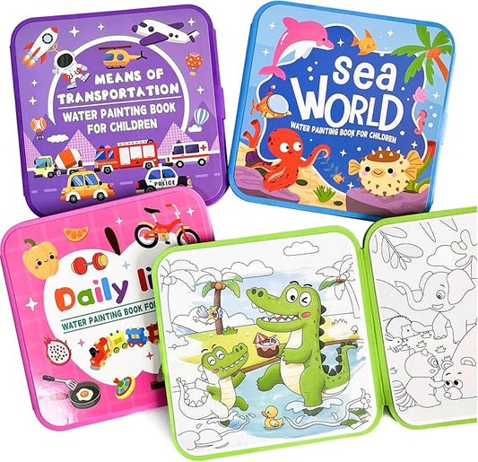 SEP SHIZHI 4 Pack Reusable Water Painting Books for Kids, 24 Painting Pages Magic Water Coloring Book, Water Doodle Book Toy, Mess Free Paint Coloring for Toddlers Ages 3+, Fun Travel Activity Toys