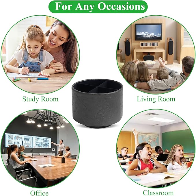 Round Leather Art Supply Organizer,Remote Control Holder,360 Degree Spinning,Multi-Functional Pencil Holder,4 Compartments Desktop Stationary Organizer(1-Crazy Black)