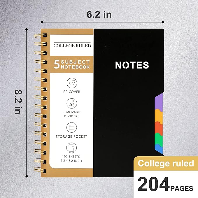 CAGIE 2 Pack Spiral Notebooks for School Work with Removable Dividers Tabs, Small A5 5 Subject Notebook College Ruled, Lined Journaling Notebook for Women Men Writing, Black