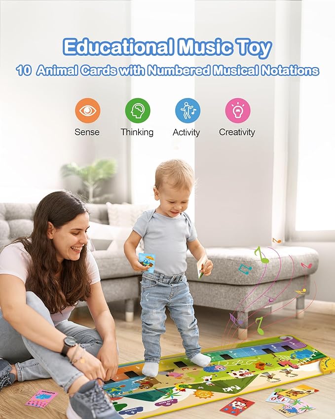 FOKI Toddler Toys Floor Piano Mat with 61 Animal Music Sounds, Baby Kid Sensory Educational Dancing Musical Keyboard Carpet Toy, Record Playback, for 1 to 5 Years Old Boy and Girl