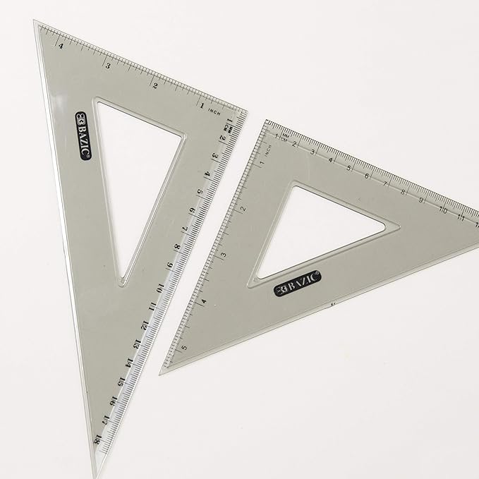 BAZIC Products Math Geometry Set 4 Pieces, Compass, Protractor, Ruler, 2 Triangle Rulers, Plastic Clear Measuring Sets for Students Professional, 2-Packs