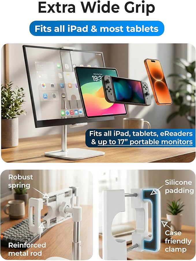 COOPER TabStand Mini, 10" Height Adjustable Tablet Stand, Ipad Stand for Desk, Portable Monitor Holder, Heavy Duty Grip, Tripod iPad Holder, Tablet Mount, for Samsung Tablets, Kindle eReaders (White)