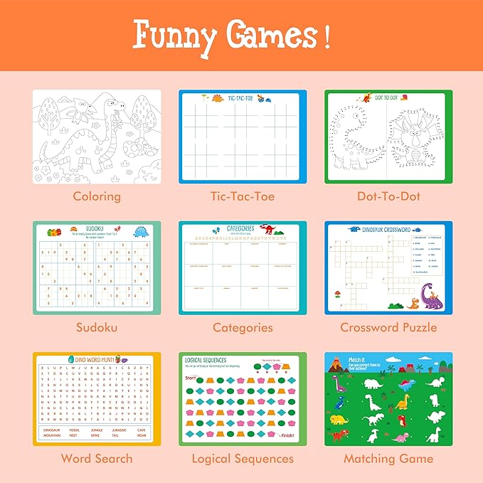 Sticker Activity Book, 640+ Reusable Stickers, 15 Dry-erase Scenes & 16 Fun Games, Side By Side Dinosaur-Themed Activity Book, Educational Hands-on Travel Game - Great for Toddlers, Kids, Boys & Girls