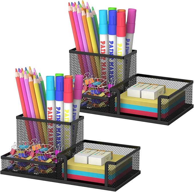 SUPEASY Pen Holder Desk Organizer, 2Pack Office Supplies Pencil Holder with 3 Compartments, Desk Accessories and Workspace Organizers for Home School Classroom, Black