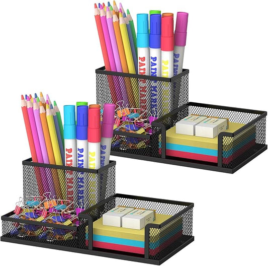 SUPEASY Pen Holder Desk Organizer, 2Pack Office Supplies Pencil Holder with 3 Compartments, Desk Accessories and Workspace Organizers for Home School Classroom, Black
