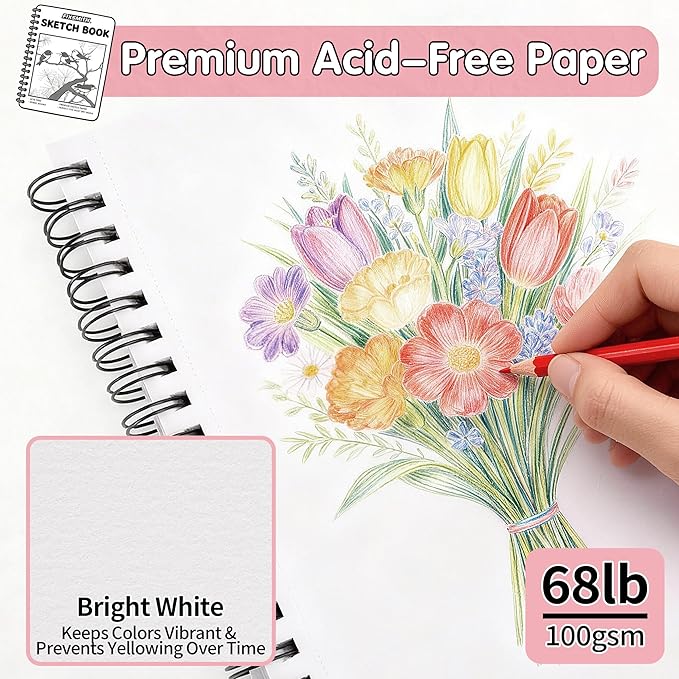 FIXSMITH 9"X12" Pink Sketch Book, 100 Sheets (68 lb/100gsm) Spiral Sketchbook, Acid Free Drawing Paper, Sketch Pad for Beginners,Artists & Professionals, Bright White