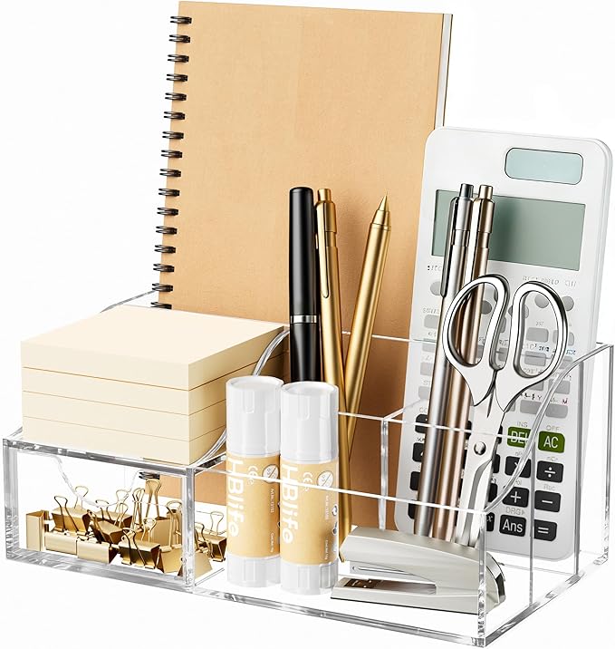 HBlife Acrylic Desk Organizer with 6 Compartments, Pen & Pencil Holder, Multifunctional Desktop Caddy for Office Supply and Organization (Clear)