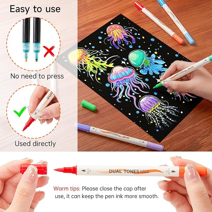 Shuttle Art 48 Colors Dual Tone Acrylic Paint Markers, 24 Pack Acrylic Paint Pens Set for Rock Painting, Ceramic, Wood, Canvas, Glass, Stone, Fabric, Card Making, DIY Crafts & Art Supplies