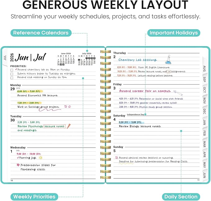 Planner 2026-2027, 8.5" x 11" Weekly and Monthly Academic Year Planner Calendar, July 2026 - June 2027, Hardcover Large School Planning Agenda With Tabs, Perfect for School & Office Supplies, A4, Aquamarine