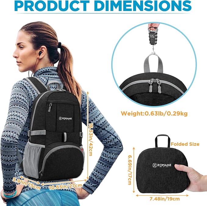 ZOMAKE Lightweight Packable Backpack, 25L Small Foldable Daypack for Hiking | Water Resistant Collapsible Backpacks for Women Men, Everyday Carry, Multi Compartment Storage, Adjustable Strap(Black C1)