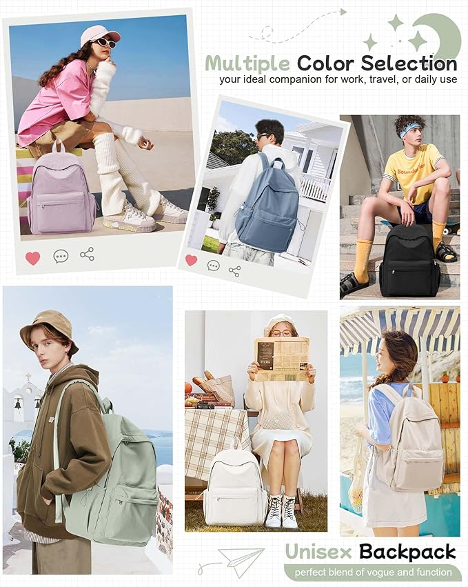 BJLFS Green Cute School Backpack with Laptop Compartment Small Travel Laptop Backpack for Women Men Waterproof College Backpack Simple School Bag for Teens Girls Boys