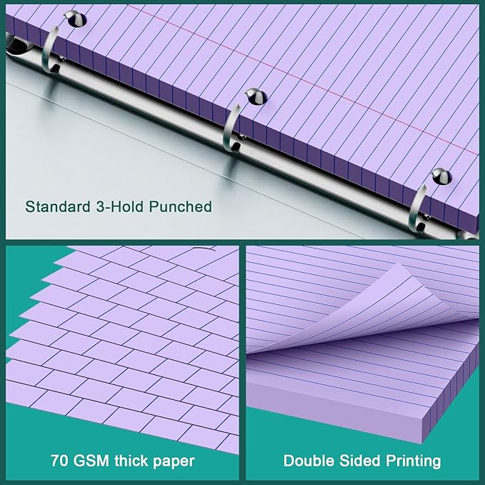 Purple Note Pads 8 X 10.5 Loose Leaf Paper, 120Sheets, 3 Hole Punched Lined Paper, College Ruled 8 X 10.5 Notebooks, 10-1/2" X 8 Binder Writing Pads, Filler Paper for Office, School Supplies
