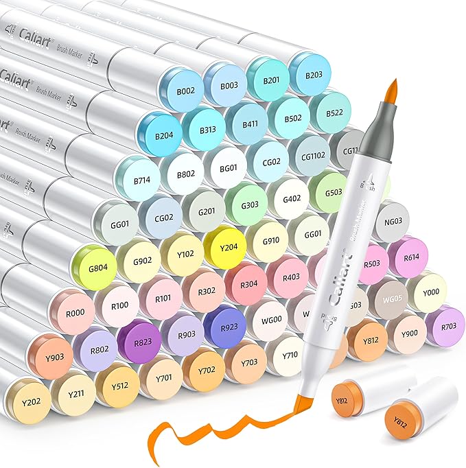 Caliart Pastel Alcohol Markers Brush Tip 61 Colors, Dual Tip Chisel & Brush Set Permanent Art Markers with Case for Artists Adult Coloring Books Illustration Drawing Supplies Gifts, Colorless Blender