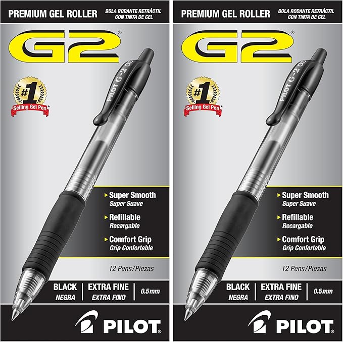 PILOT G2 Premium Gel Roller Pens, Extra Fine Point 0.5 mm, Gel Pens Black Ink, Ideal for School, Journaling & Office Writing, 12 Count (Pack of 2)