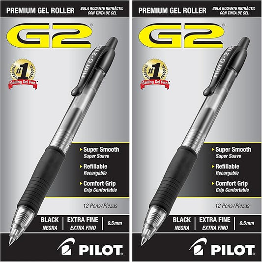 PILOT G2 Premium Gel Roller Pens, Extra Fine Point 0.5 mm, Gel Pens Black Ink, Ideal for School, Journaling & Office Writing, 12 Count (Pack of 2)