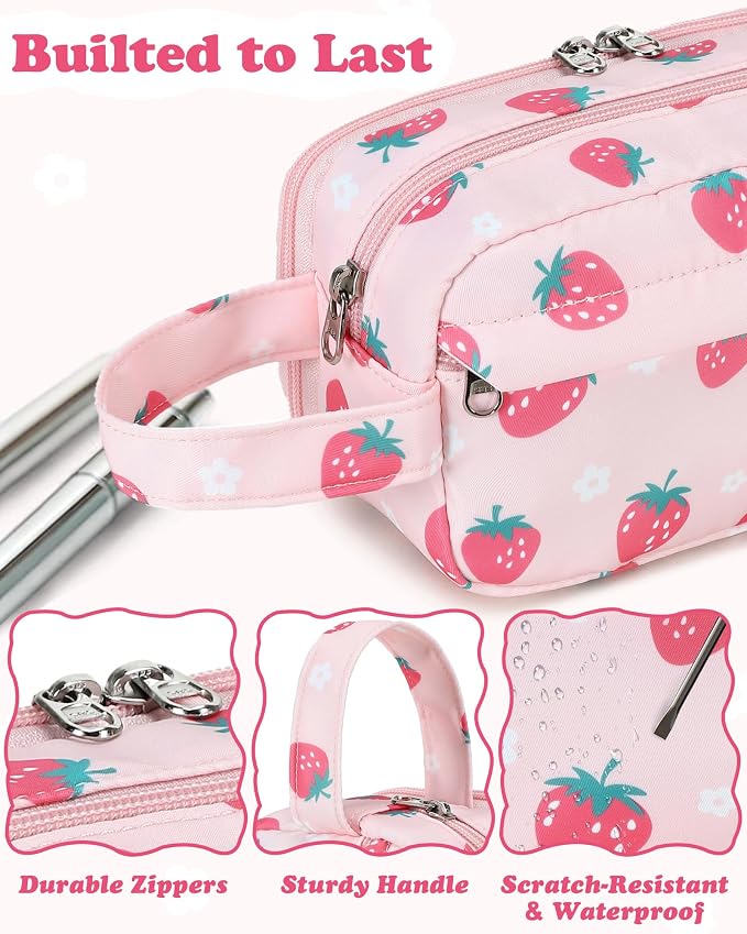 CAMTOP Cute Pencil Case for Girls, Large Capacity Pencil Pouch with 3 Compartments Pen Organizer Pink Kawaii Pencil Box Bag for School Travel Gifts