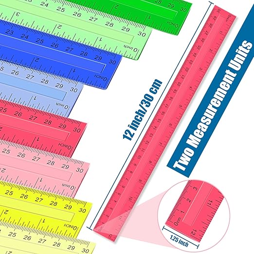 12 Inch Plastic Rulers, 32 PCS Transparent Assorted Color Metric Bulk Rulers with Inches Centimeters Millimeter. Measuring Drawing Tool for Kids, Ideal Back to School Office Home Supplies