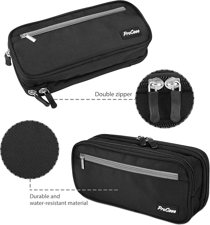 ProCase Pencil Case Pen Bag, Two Layers Big Capacity Pencil Pouch Pen Organizer Durable Stationery Holder for Marker Organization School Supplies Office Storage Desk Organizing