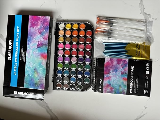 Blablaovy Watercolor Paint, 48 Colors Washable Paint Set, 6 Brush, 6 Refillable Water Brush Pen, Drawing Pad, Palette, Painting sets for Artists Beginners Adult, Water Color Paint Sets for Kids