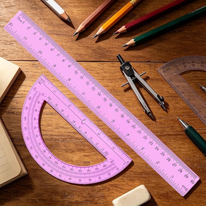 Geometry Set - Math Ruler and Protractor, Durable Transparent Stationery with Precise Etched Scale, Drafting Tool Kit, Measuring Ruler Pack, Student Geometry Gear for Classroom Math Study