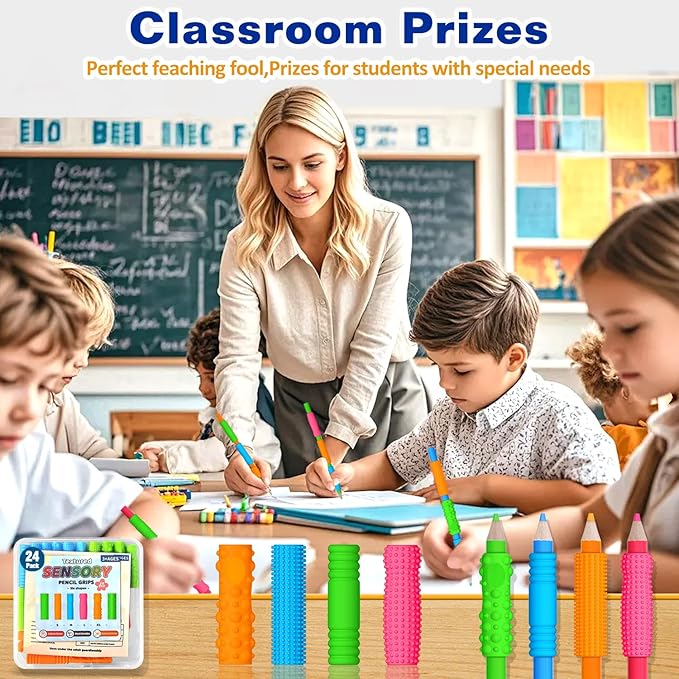 Textured Pencil Grips for Kids & Adults - 24 Pack Sensory Fidget Toys for ADHD, Autism - Quiet Classroom & Office Tools for Anxiety Relief Stress Relief - Educational Supplies, Student Rewards&Gifts