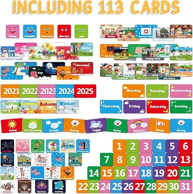 Calendar and Weather Pocket Chart for Kids Learning, Large 44.5”x28” Homeschooling Calendar Pocket Chart with 113 Cards, Teacher and Back to School Supplies