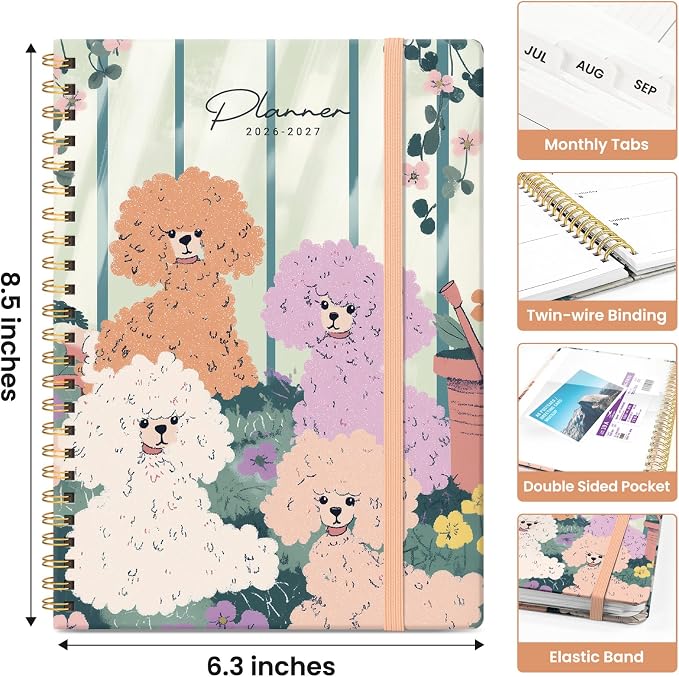 Planner 2026–2027, Weekly & Monthly Academic Organizer for School Year, Jul 2026–Jun 2027, Hardcover Planner with Tabs, Back to School Essential, 6.3" x 8.5", Poodle Garden