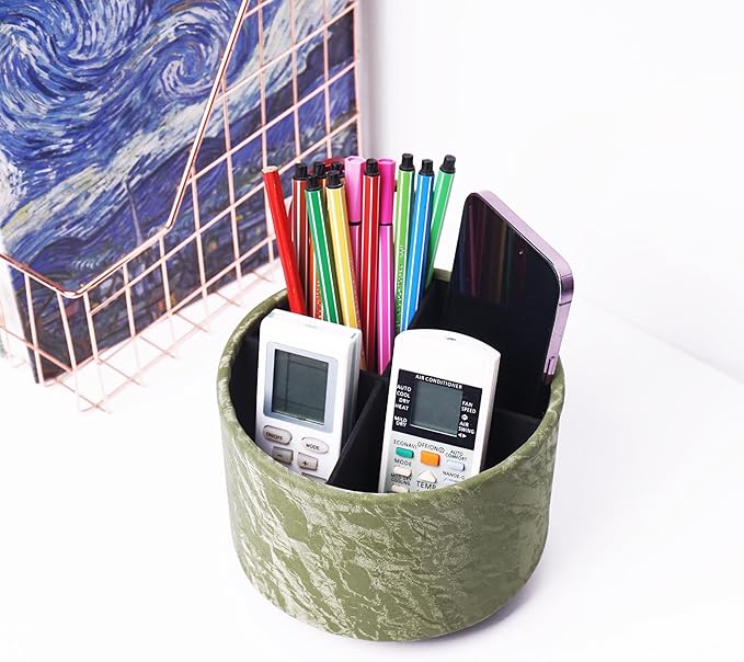 Round Leather Art Supply Organizer,Remote Control Holder,360 Degree Spinning,Multi-Functional Pencil Holder,4 Compartments Desktop Stationary Organizer(1-Hill Green)