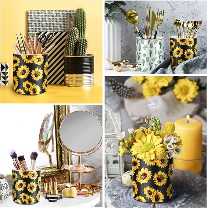 Pen Holder, Cute Pencil Holder for Desk, Makeup Brush Holder Floral Pattern, Pencil Cup for Girls Women, Durable Ceramic Desk Organizer Flower Decor for Office, Classroom, Sunflower
