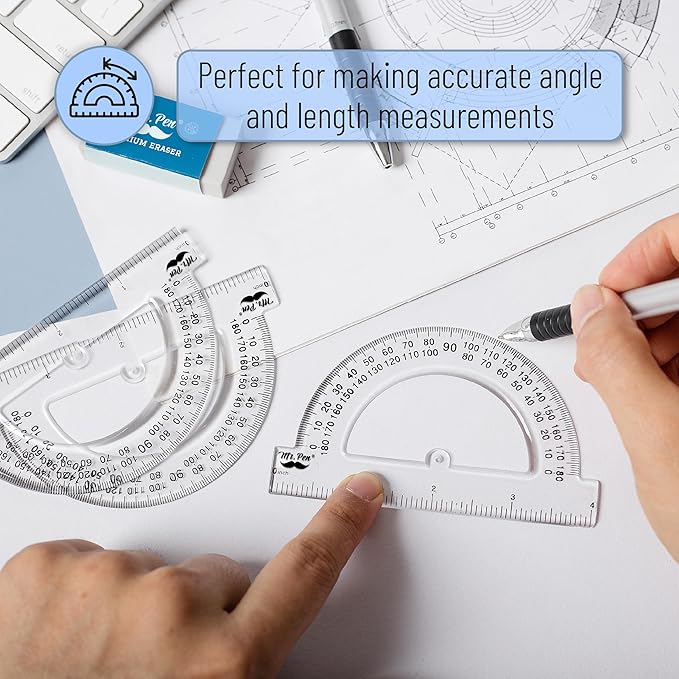 Mr. Pen- 360 Degree Protractor, 6 Inch, 2 Pack, Clear Full-Circle Protractors for Precise Angle Measurement, Ideal for Geometry, Math Class, Drafting, Engineering, and Technical Drawing