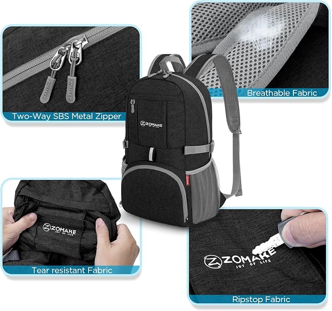 ZOMAKE Lightweight Packable Backpack, 25L Small Foldable Daypack for Hiking | Water Resistant Collapsible Backpacks for Women Men, Everyday Carry, Multi Compartment Storage, Adjustable Strap(Black C1)