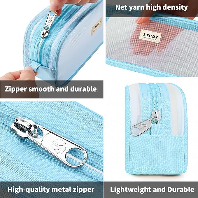 Grid Mesh Pencil Case Pouch Large Capacity Pencil Bag with Zipper | Big Pencil Pouch Blue Simple Stationery Bag Aesthetic Pen Bag for School Teen Girl Boy Multi-Purpose Bag for Office Men Women