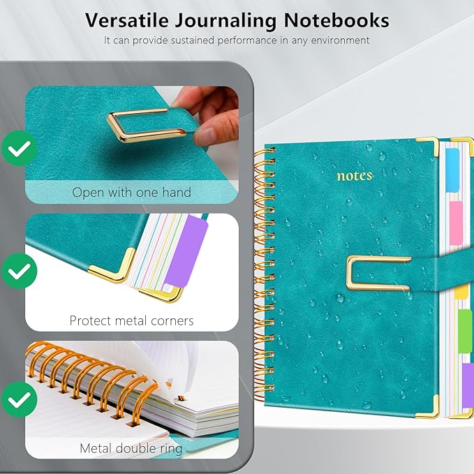 Hardcover Spiral Notebook College Ruled, 8"x10" Leather Journal Notebook with Magnetic Closure, 300 Pages 5 Subject Notebook with Dividers Tabs Journal for Women Men, Work, School(Deep Blue)