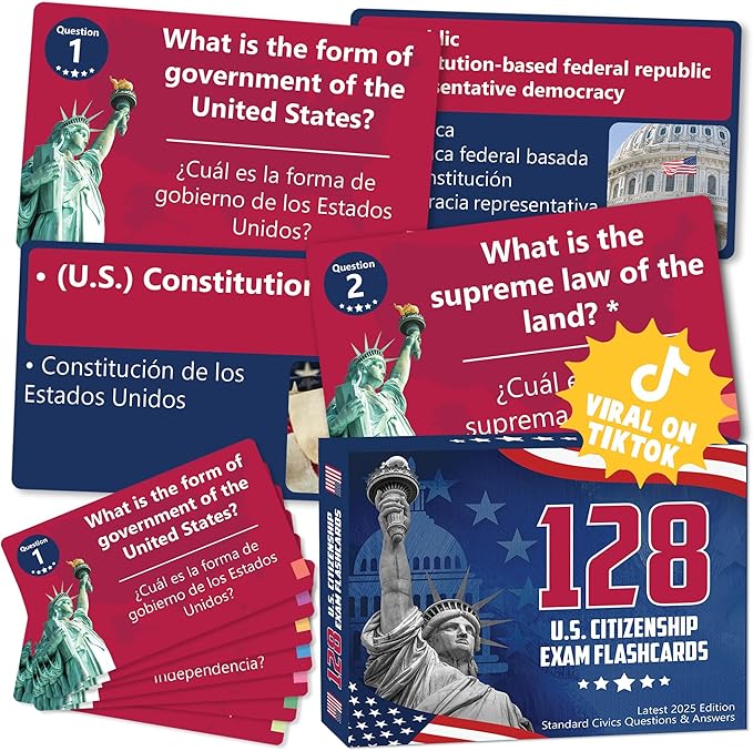 US Citizenship Flash Cards 2026, 128 USCIS Civics Test Questions and Answers, Bilingual English and Spanish Study Guide, Tarjetas de Ciudadania 2026, Preguntas para La Ciudadania 2026