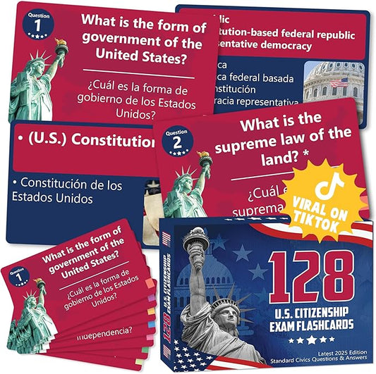 US Citizenship Flash Cards 2026, 128 USCIS Civics Test Questions and Answers, Bilingual English and Spanish Study Guide, Tarjetas de Ciudadania 2026, Preguntas para La Ciudadania 2026