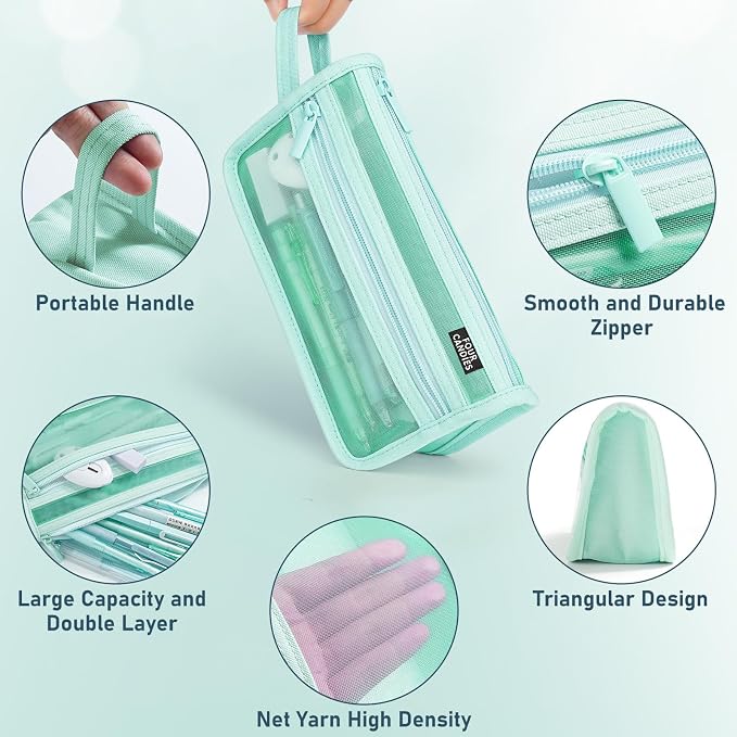 Four Candies Grid Mesh Pencil Case, Clear Double-layer with Handle (Green) | Smooth Zipper, Transparent Pencil Pouch, Cute Stationary, Makeup Bag, Travel Friendly, for Adult Office College